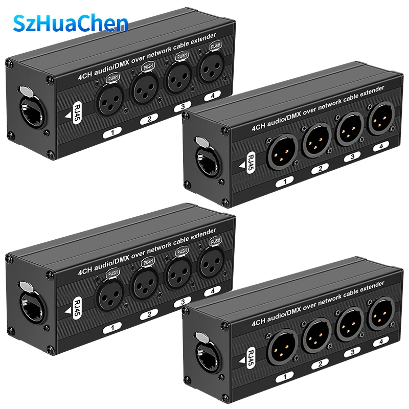 RJ45 Cat5 Cat6 to 4 Channel 3Pin XLR DMX Audio Extender Compact Low Noise for Stage Sound Lighting Audio Cables Audio Gear