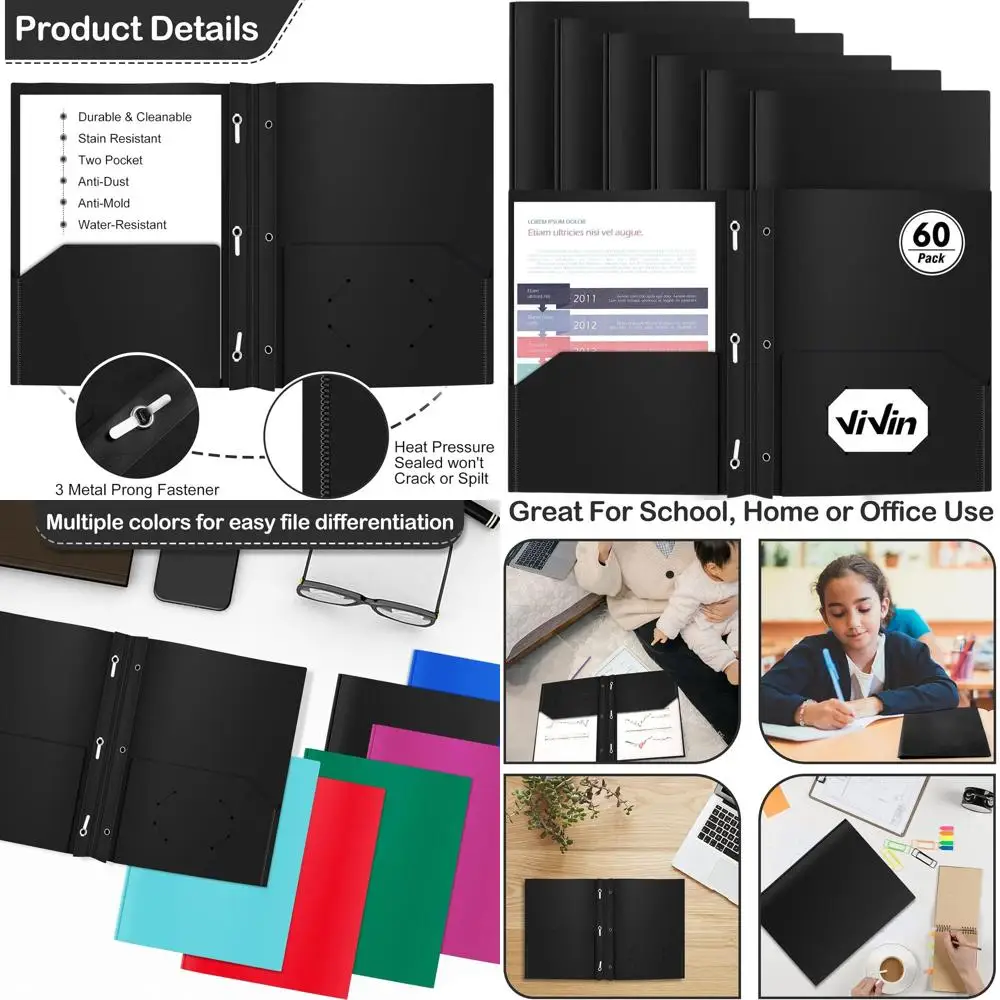 

Heavy-Duty Letter Size Plastic Folders, 60 Pack, Pocket with 3-Prong Fasteners, Black