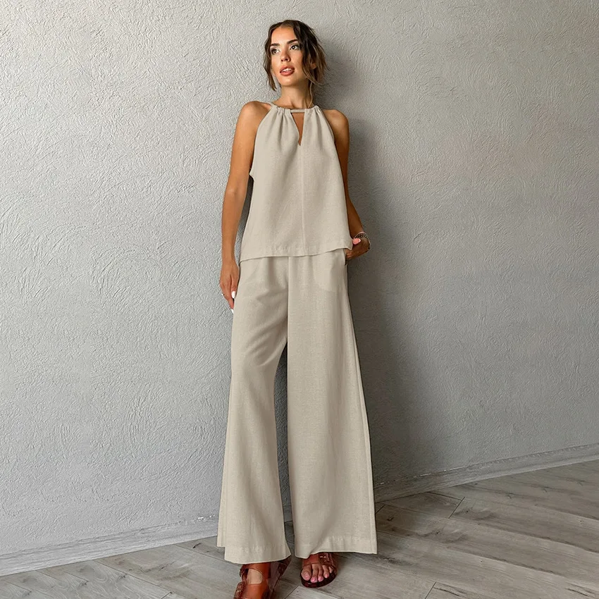 2026 Spring and Summer Casual Khaki Cotton and Linen Suit Women's Vacation Style Loose Neck Vest Trousers Two-piece Set