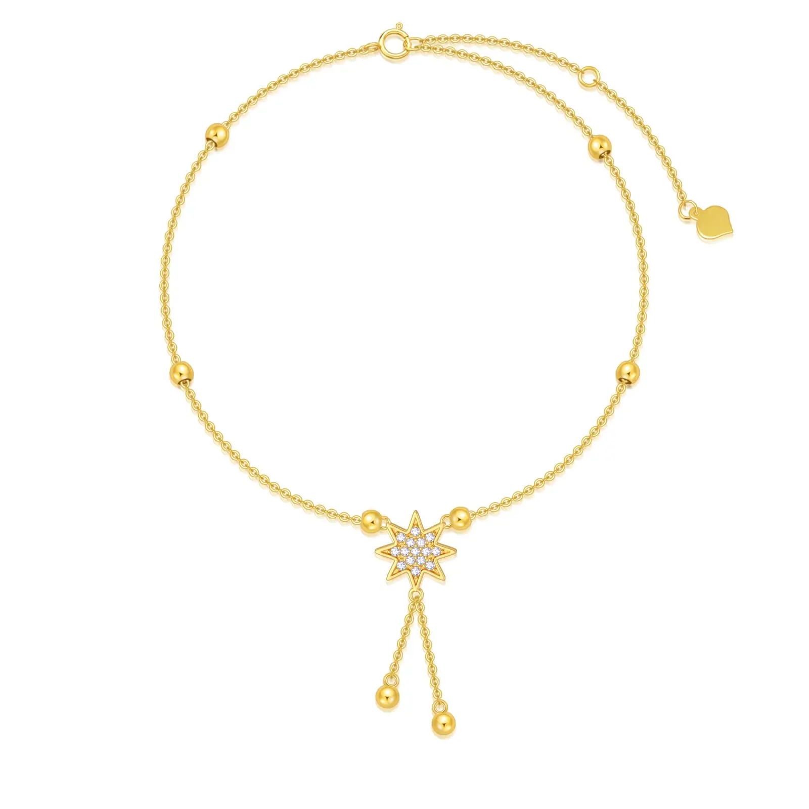 YFN 14K Solid Gold Star Anklet for Women Yellow Gold Star Tassel Anklet Beads Foot Link Beach Anklets Fine Jewelry Birthday Gift