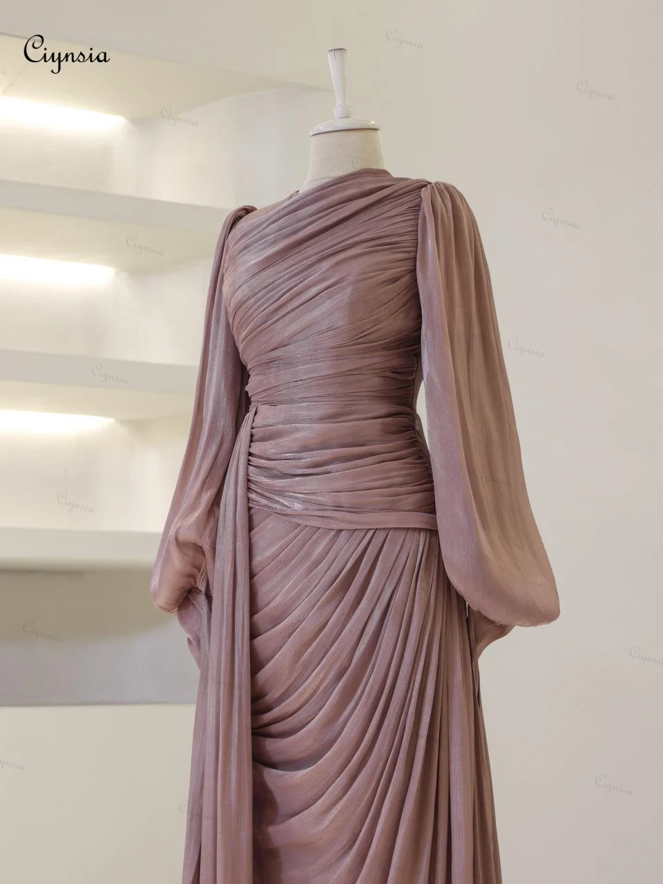 Ciynsia-Robe de soirée personnalisée pour femme, manches longues, gaine plissée, robe formelle élégante, nouveau, 2025