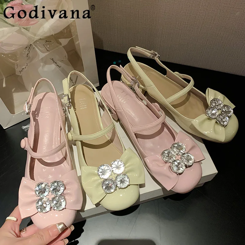 

2025 Summer New Japanese Original Lolita Rhinestone Bow Mary Jane Bag Head Sandals Round Head Thick Heel Half Slippers Women