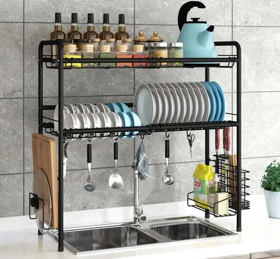 2-Tier Stainless Steel Matt Black Large Over the Sink Dish Drying Rack with Utensil Holder Dish Drainers for Kitchen Counter