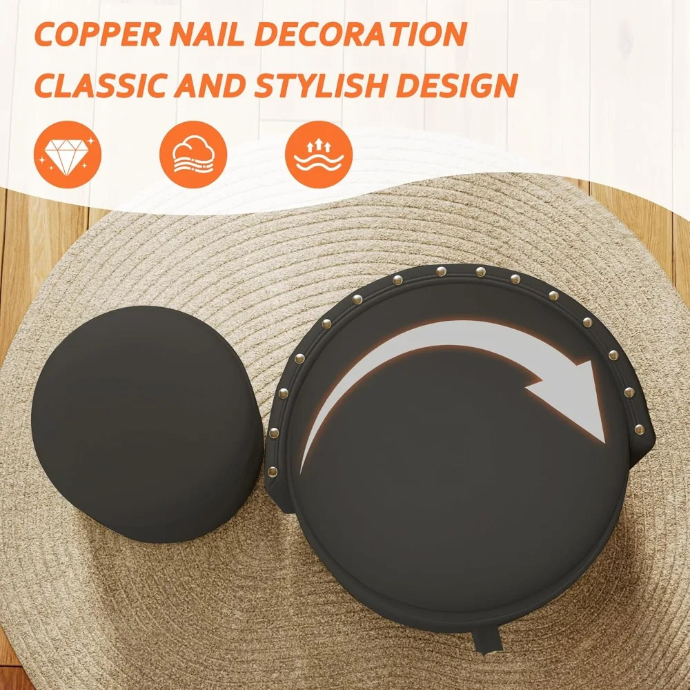 كرسي مستدير مع مساحة تخزين، كرسي مكياج دوار من جلد البولي يوريثان مع ظهر قابل للطي، عثماني منجد لـ B #5