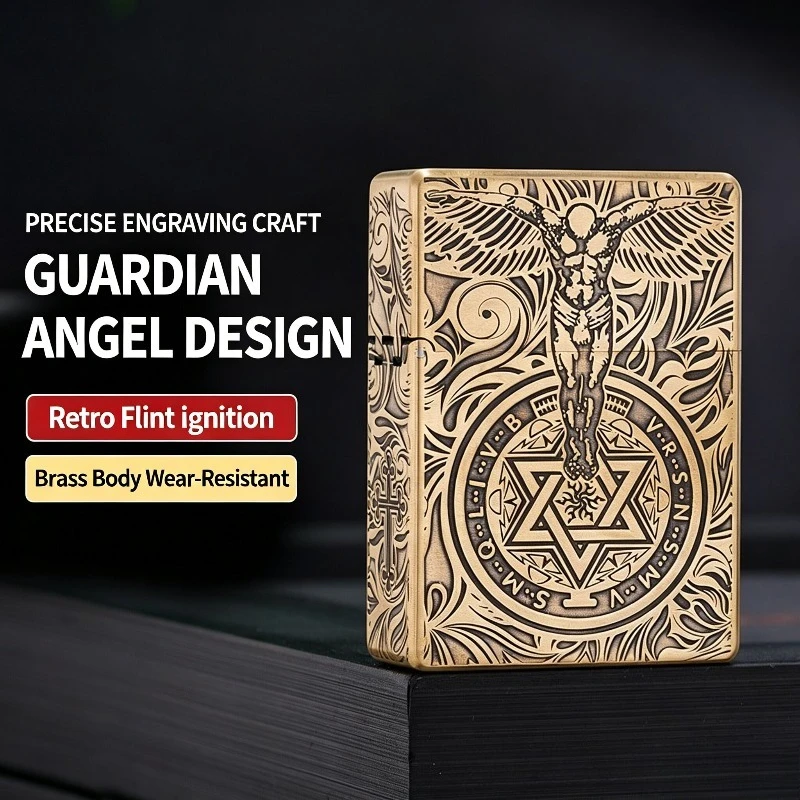 ST9 Five-sided Carving-Guardian Angel Ultra-thin Brass Windproof Kerosine Lighter Grinding Wheel Retro Gift for Boyfriend
