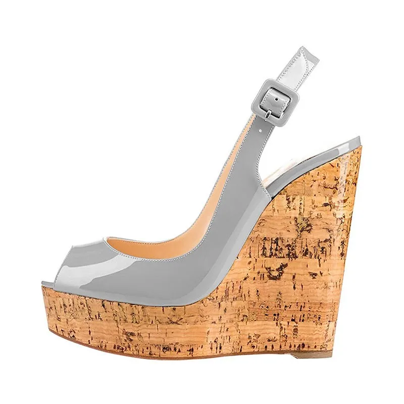 Arden Furtado Summer 2024 Patent Leather Peep toe Platform Wedges Sandals Round toe Belt buckle Super high heel Open toe sandals