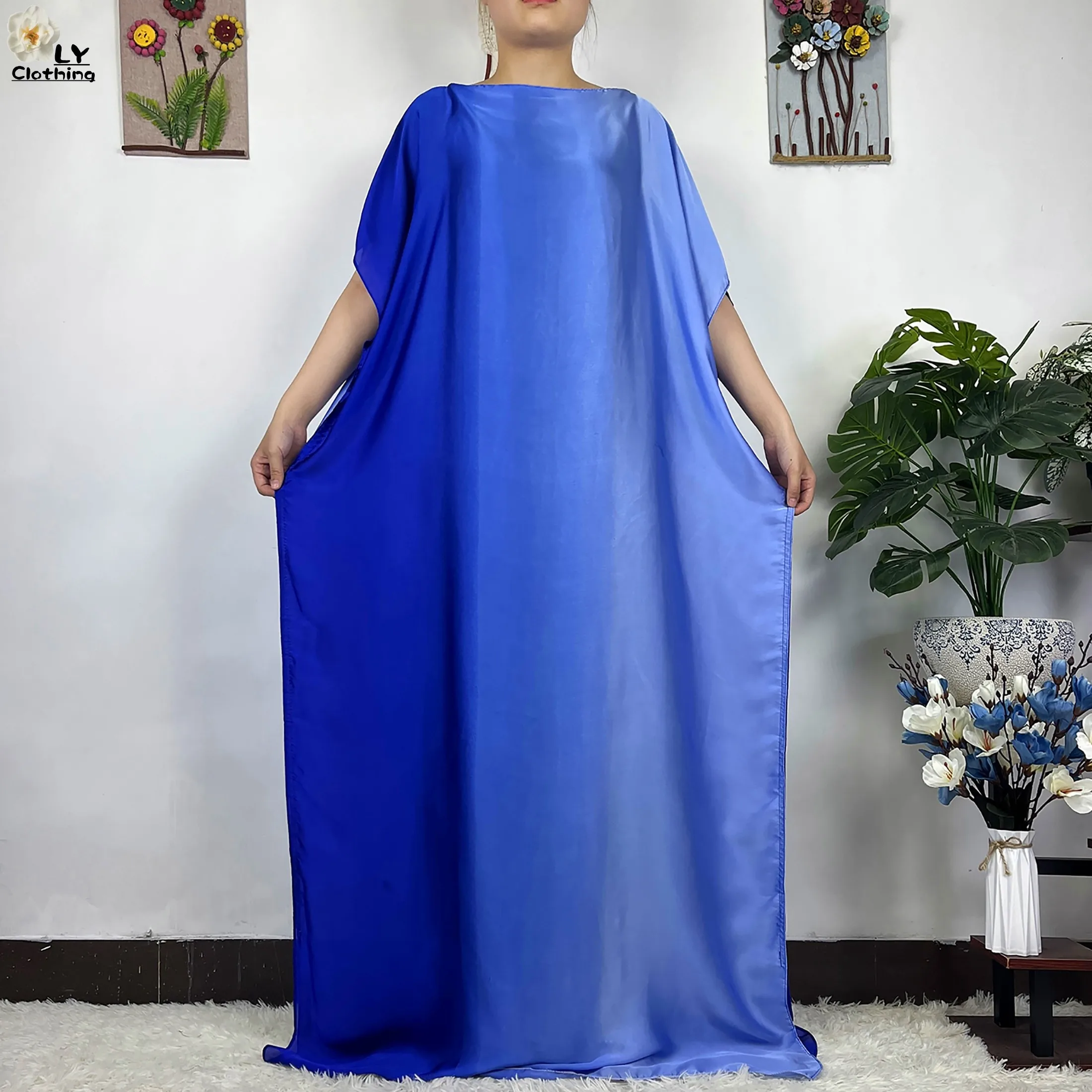2023 New African Fashion Short Sleeve Colored Pattern Dubai Women Summer Real Silk Soft Printing Loose Tradition Muslim Dress
