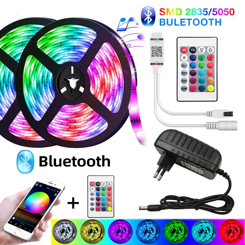 DC 12V 5M/10M MD5050 2835 RGB-LED-Lichtleiste mit EU- und US-Steckern, Netzteil, Bluetooth-LED-Raumband mit 24 Tasten, Neonlichtstr