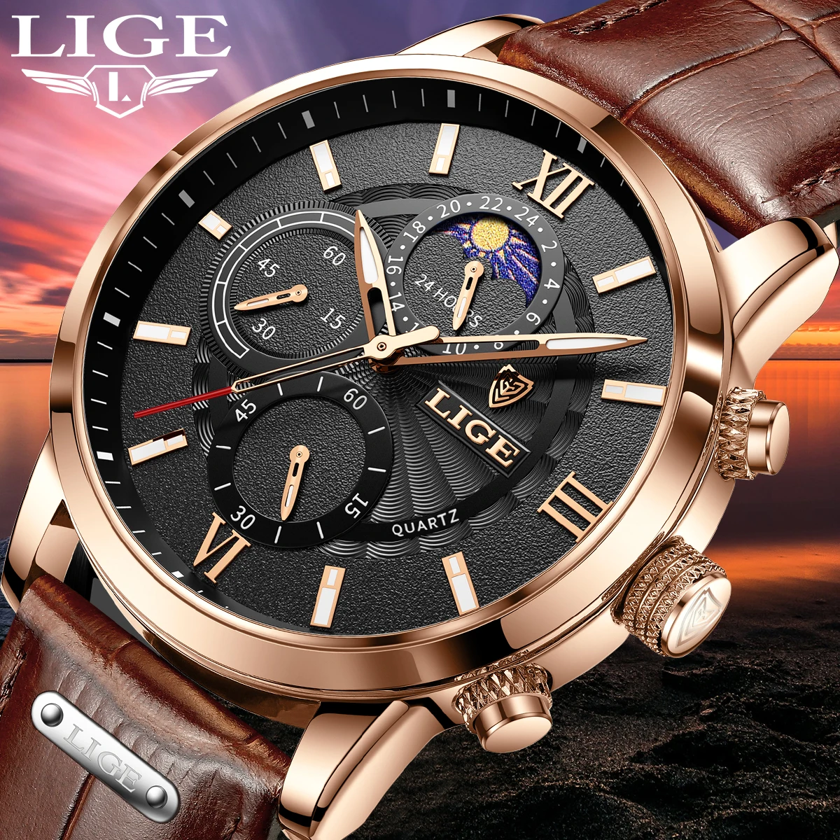 LIGE Fashion Men Watch Casual Business Leather Watches For Men Top Brand Luxury Sports Chronograph Quartz Wristwatch Men Clock