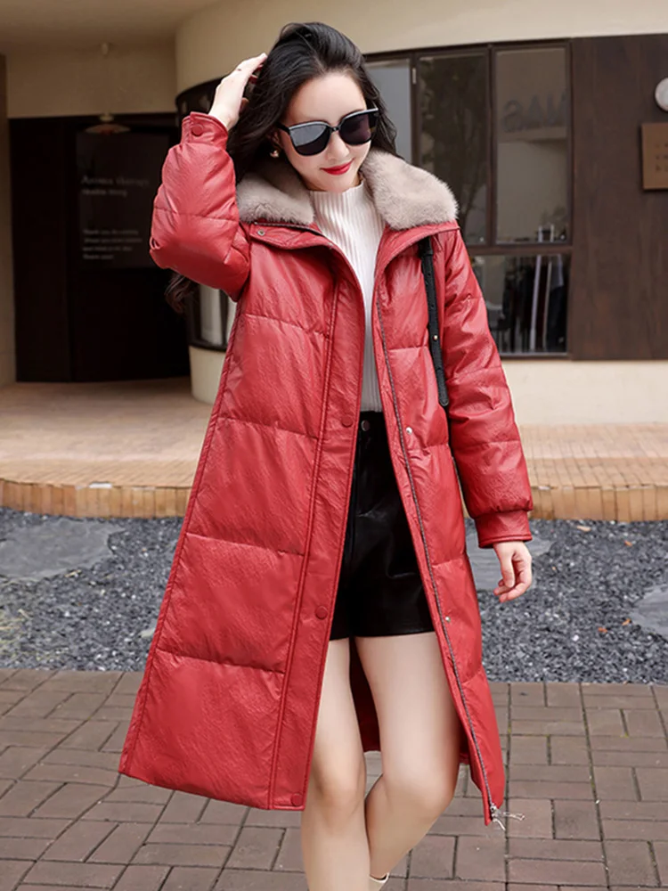 New Women Coffee Long Leather Down Coat Winter Fashion Real Mink Fur Collar Casual Loose Sheepskin Down Jacket Split Leather