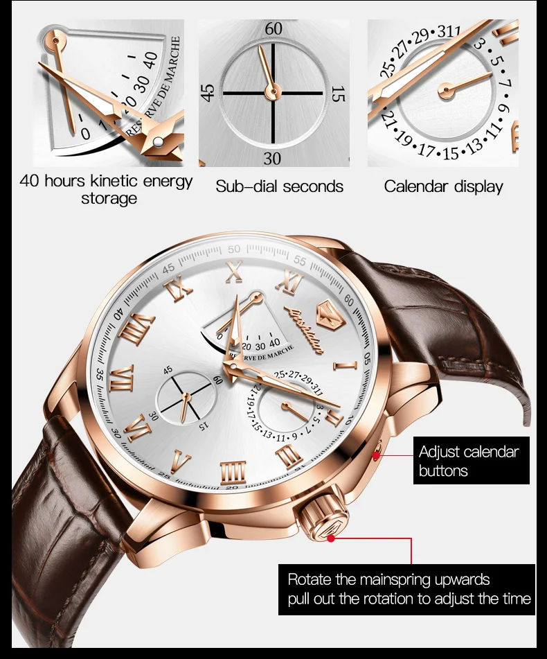 JSDUN Swiss Imported Original Movement Men\'s Automatic Mechanical Clock Multifunction Date Waterproof Luxury Rose Gold Watches