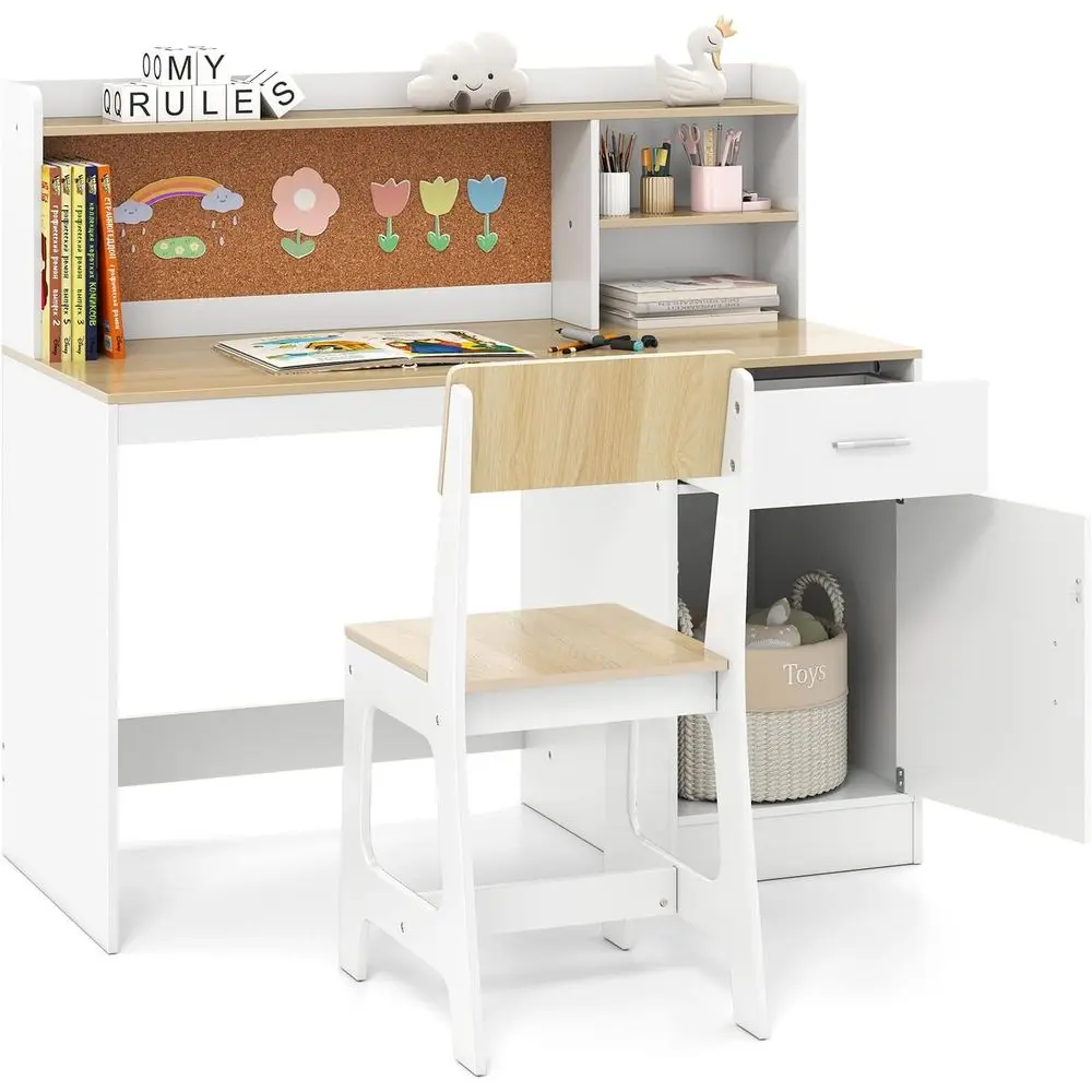 

Wooden Kids Desk and Chair Set with Storage, White, Ideal for Ages 5-12