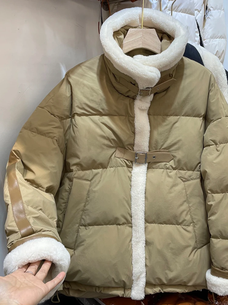 Fitaylor-casaco de pato branco para mulheres, lã de cordeiro casual, parka de retalhos, outwear grosso quente, gola, inverno