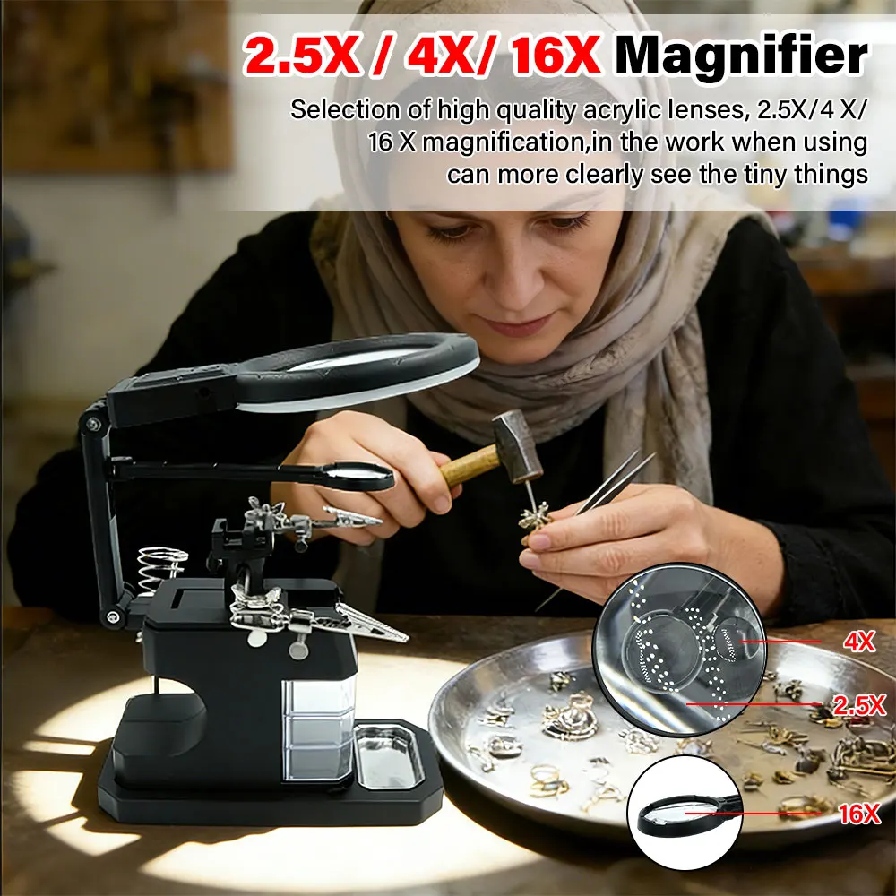 2.5X/4X/16X Led Light Welding Auxiliary Clip Electric Soldering Iron Circuit Board Welding Iron Magnifying Glass Bracket Tools