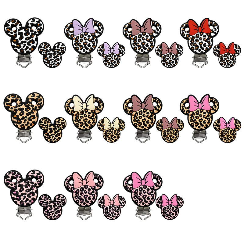 1set Silicone Leopard Print Mouse Shape Bead DIY Pacifier Chain Nipple Holder Clamps Handmade Jewelry Accessories