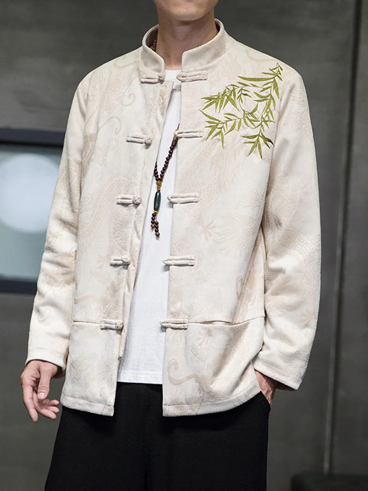 

Loose Fit Men's Suede Jaet Embroidered Dragon Pattern Chinese Sle Outerwear Trendy Autumn Winter Youth lin Daily Wear