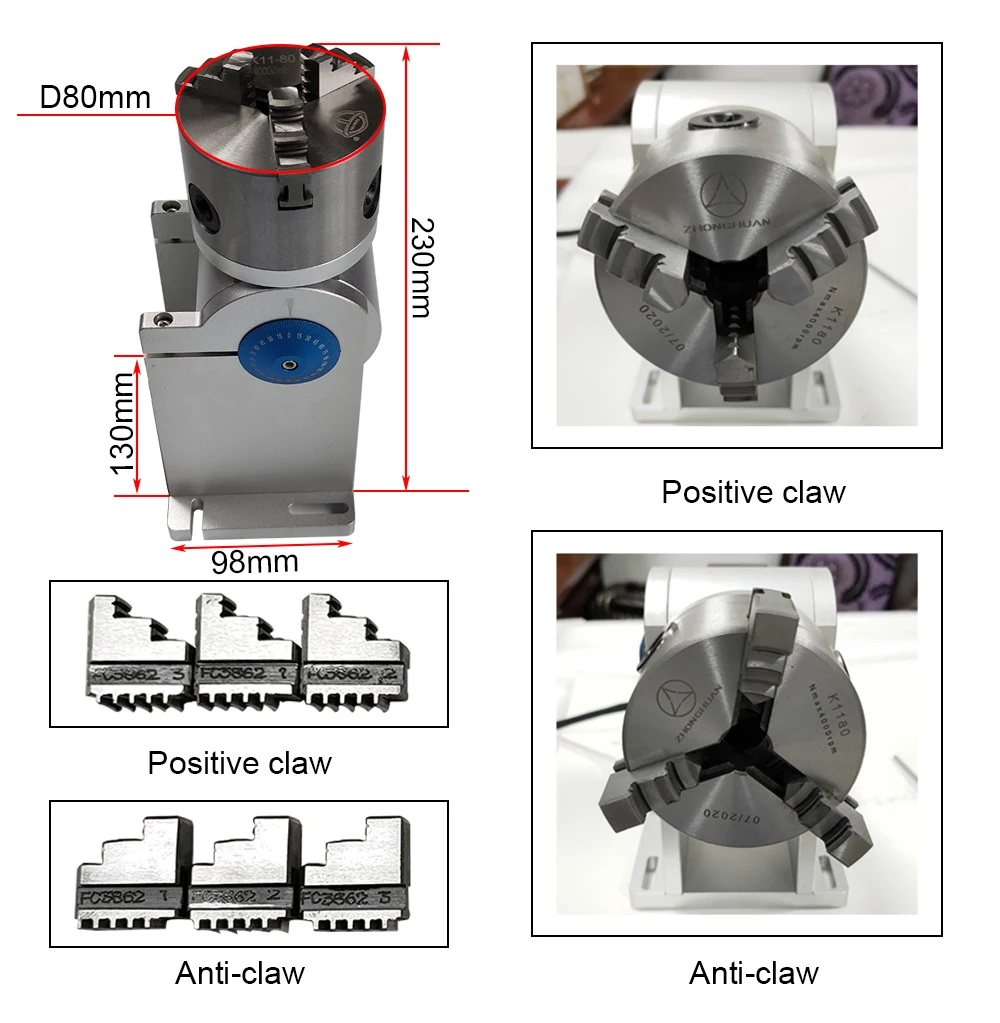 HUNST Drehachsen-3-Backen-Arbeitstischfutter D80A & Aktivierbarer Reitstock-Indexierkopf für CNC-Lasermarkier- und Graviermaschinen – Detail 13