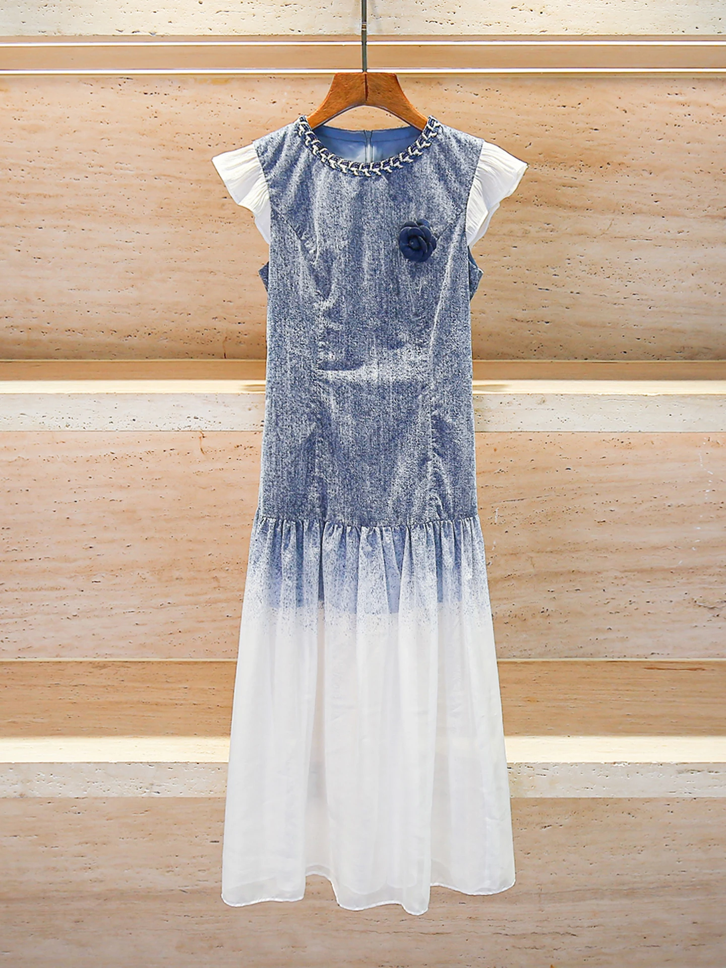 Di fascia alta Estate Rosa Stampa floreale Chiffon Denim Dr Ele Sle Pendolarismo Gonna longuette a vita alta Cerniera Ba Chiusura A-Line...