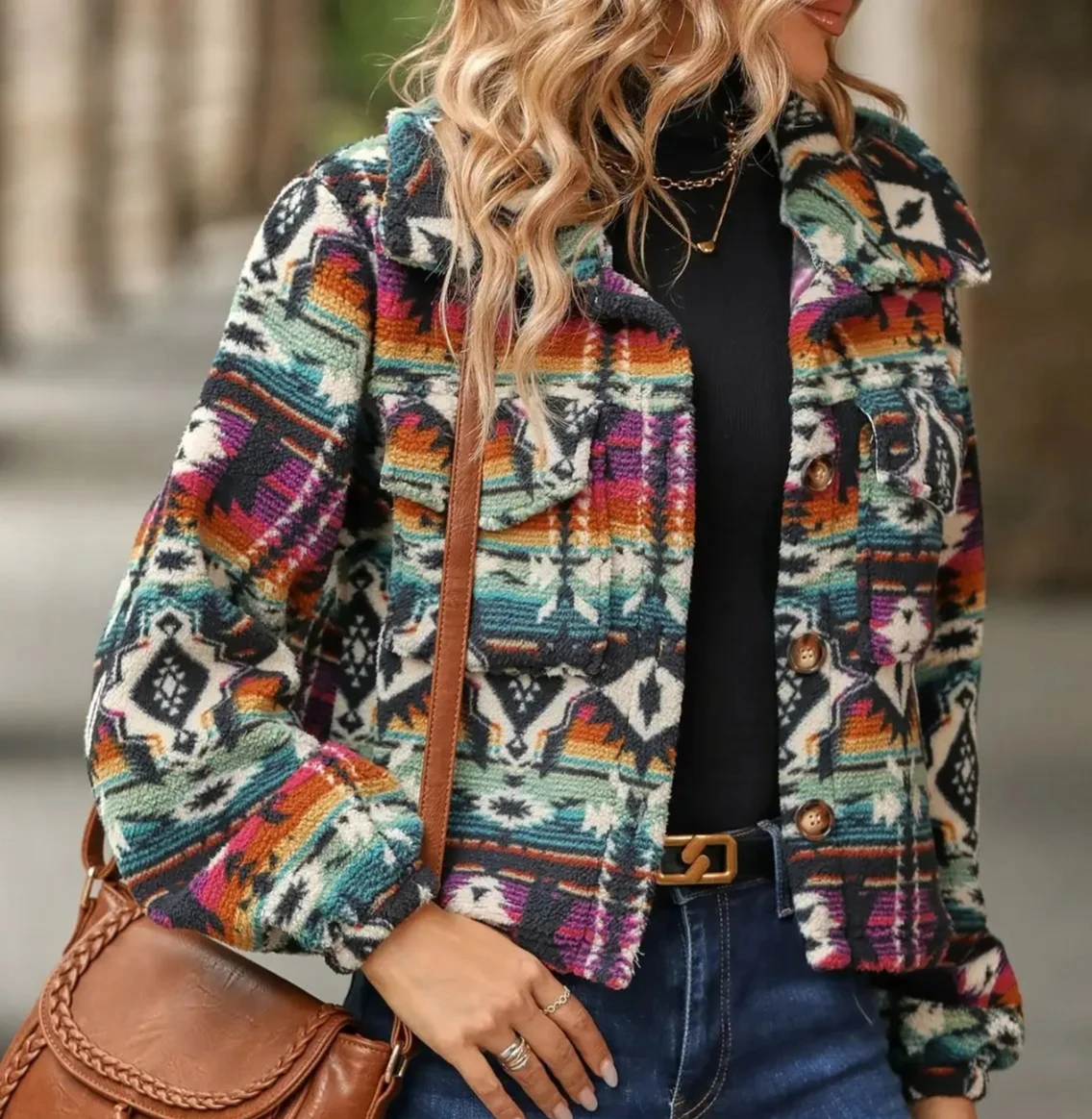 

Women's Velvet Short Jacket Long Sleeve Loose Fit Printed Design Autumn Winter Coat Trendy Streetwear Casual Outerwear