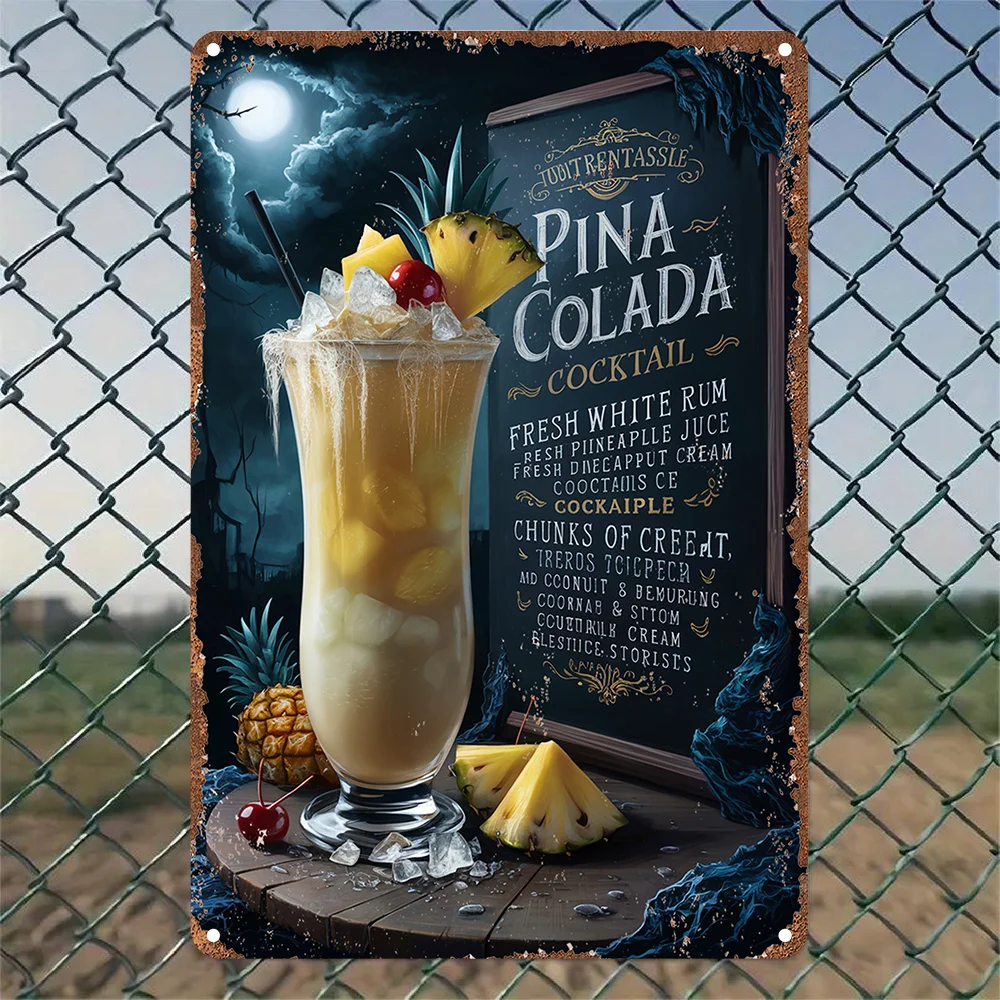 1 letrero de aluminio para cóctel de Pina Colada de estilo vintage | Diseño tropical de piña fresca y árbol de coco para el hogar, bar, cafetería