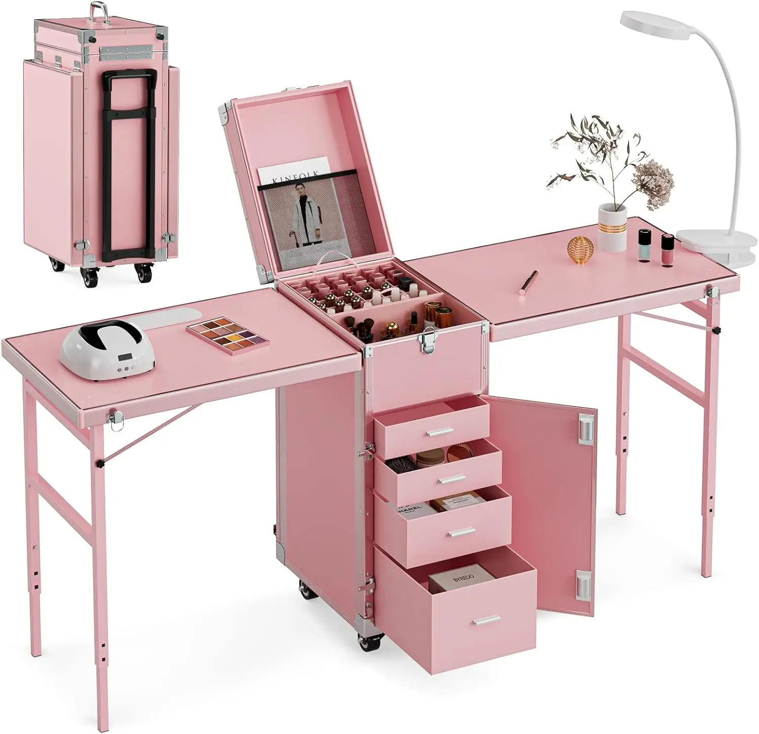 Rolling Manicure Table Makeup Station w/Speaker, Portable Nail Desk for Nail Teach, Foldable Traveling Nail Desk Organizer Cart