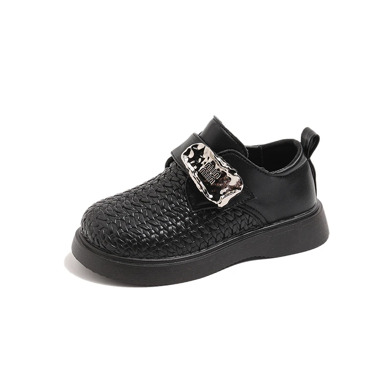 

Girls Metal Buckle Flats 2026 New Woven Leather Shoes for Kids Fashion Student Casual Shoes Soft Sole Non-Slip