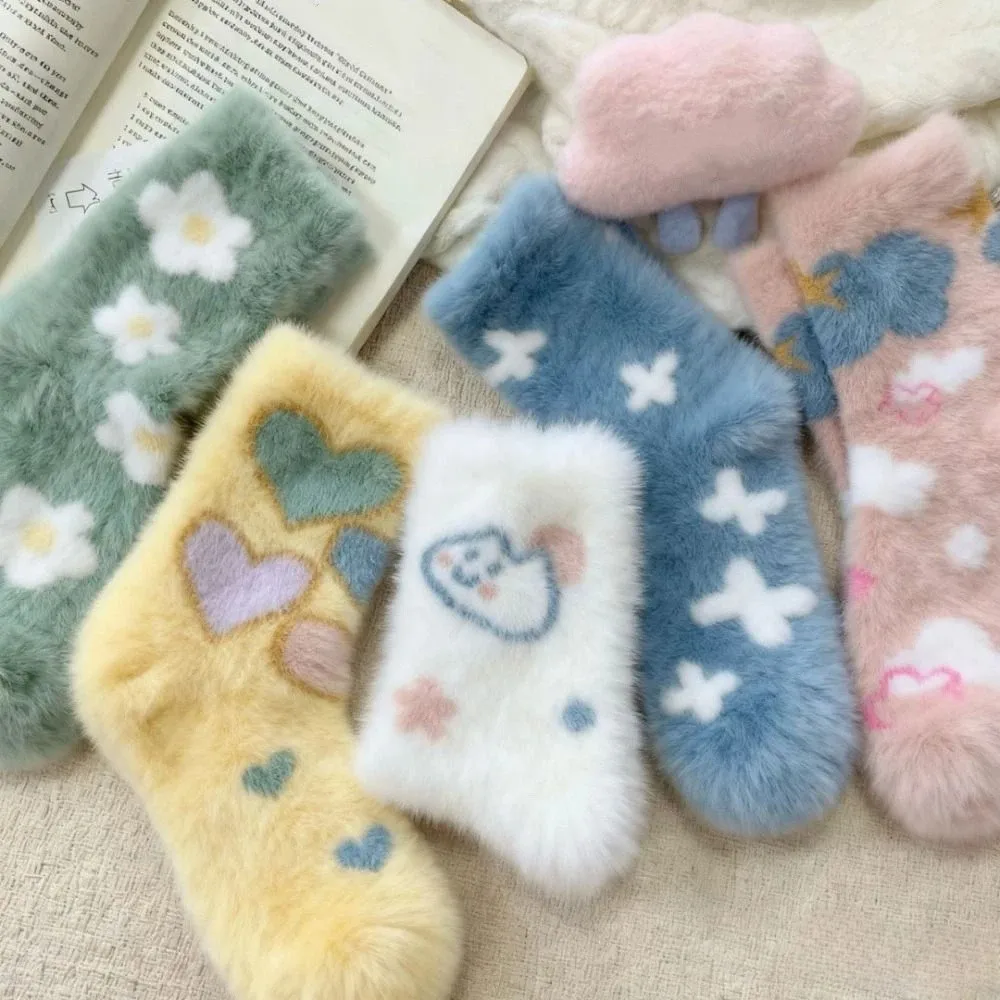 5Pairs Kawaii Cartoon Mink Fur Socks Sweet Pile Up Sleeping Socks Women Soft Hosiery Plush Socks Girls