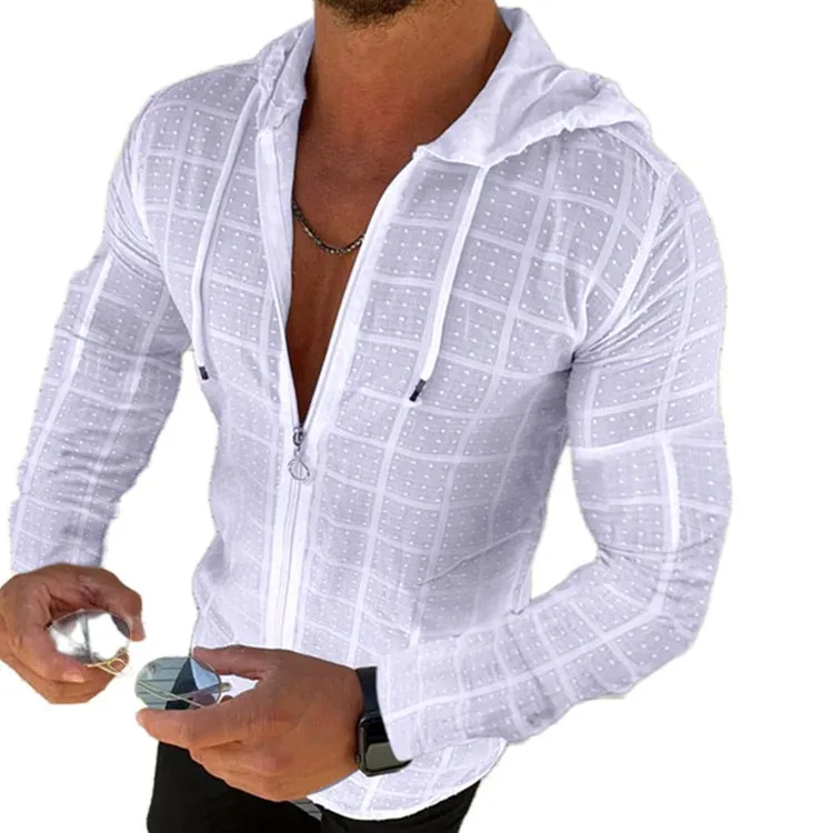 Camisa de manga larga con capucha y cremallera para hombre, camisa informal delgada de Color sólido, ropa de protección solar de verano