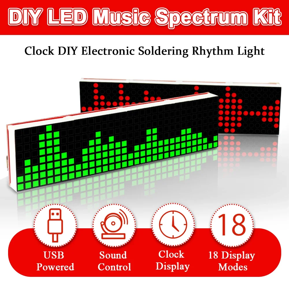 LED Music Spectrum DS1302 Kit Dot Matrix Clock DIY Parts Electronic Welding Pick up Rhythm Light