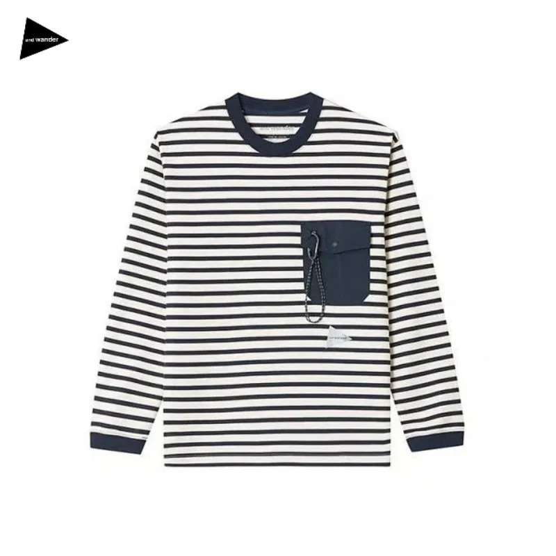 And Wander Striped Long Sleeve T Shirt Pocket Carabiner Outdoor Hiking Techwear Top Unisex Men Women Spring Summer Pullover Tee