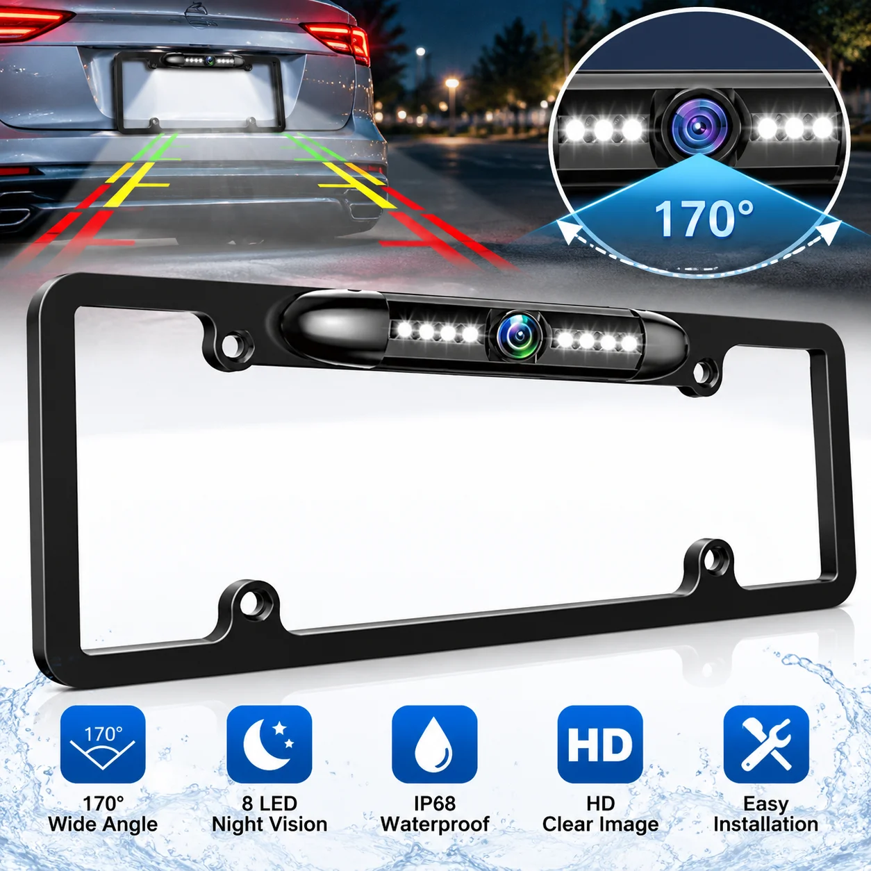 License Plate Backup Camera Frame Mount - 범용 차량용 후방 카메라, 170도 광각,