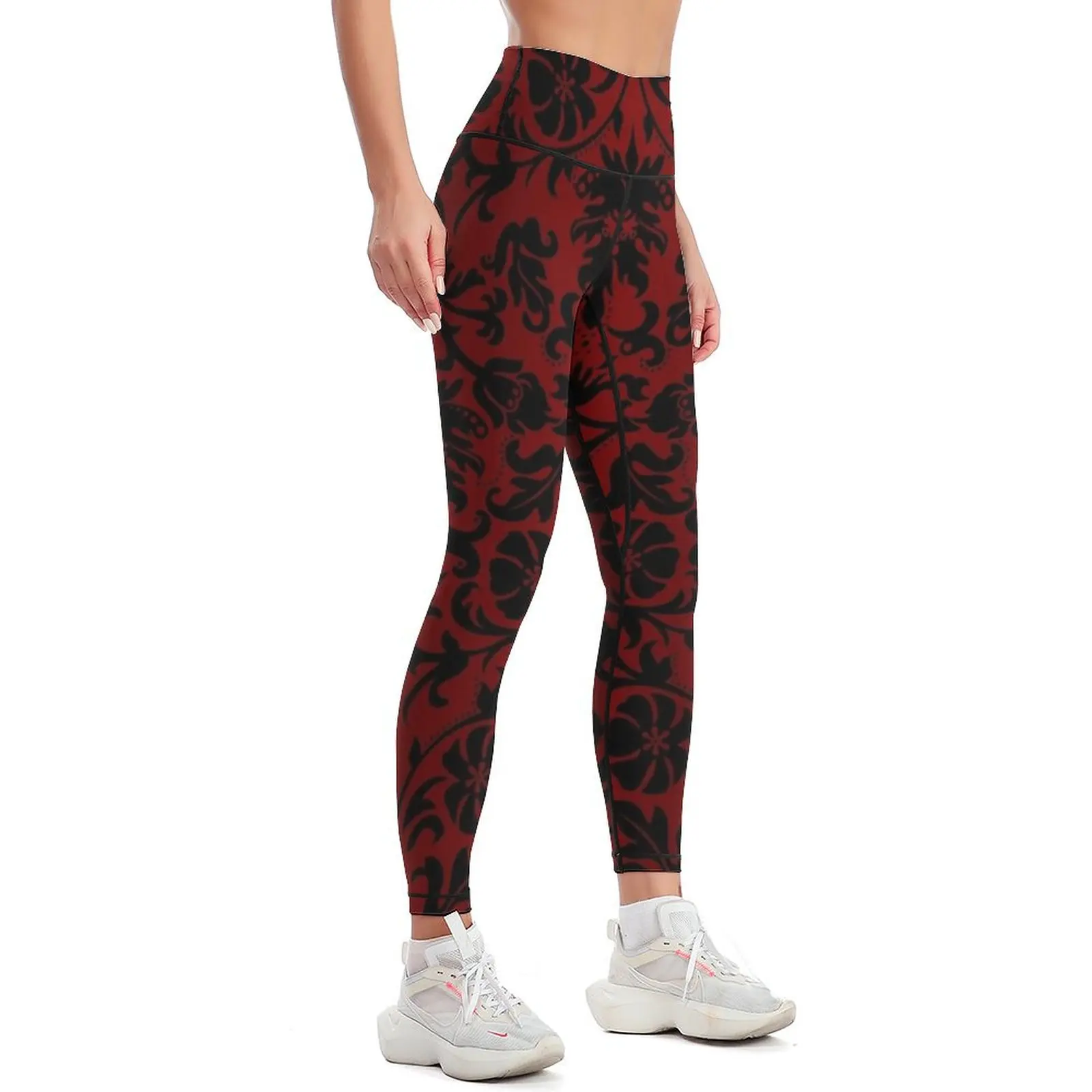 Dark Red and Black Damask Pattern Leggings Sports pants for Fitness woman Womens Leggings