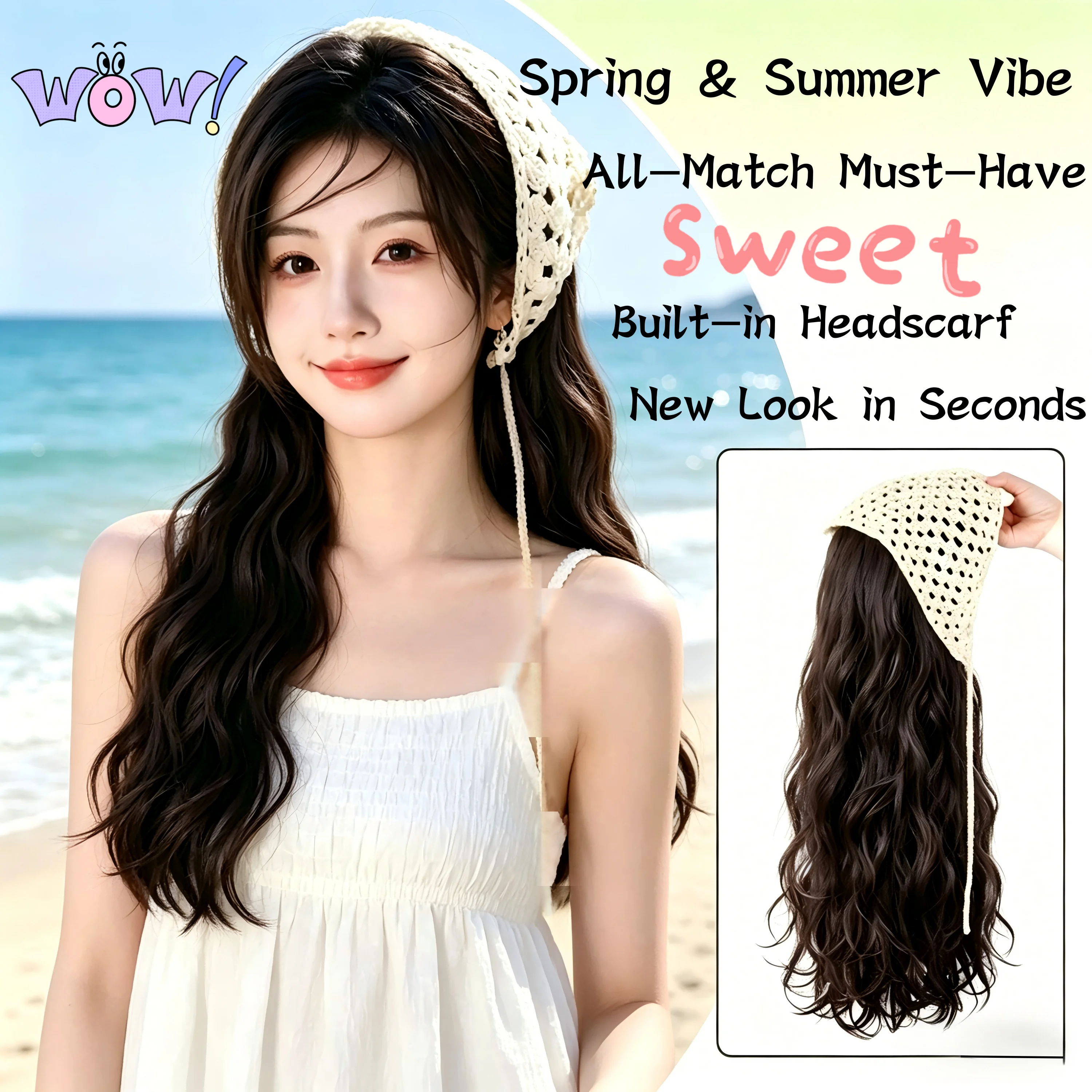 

Korean Style Triangle Headscarf Wig Half Wig Water Wave Long Curly Hair Summer Cottagecore Turban Wig Synthetic Hairpiece For Wo