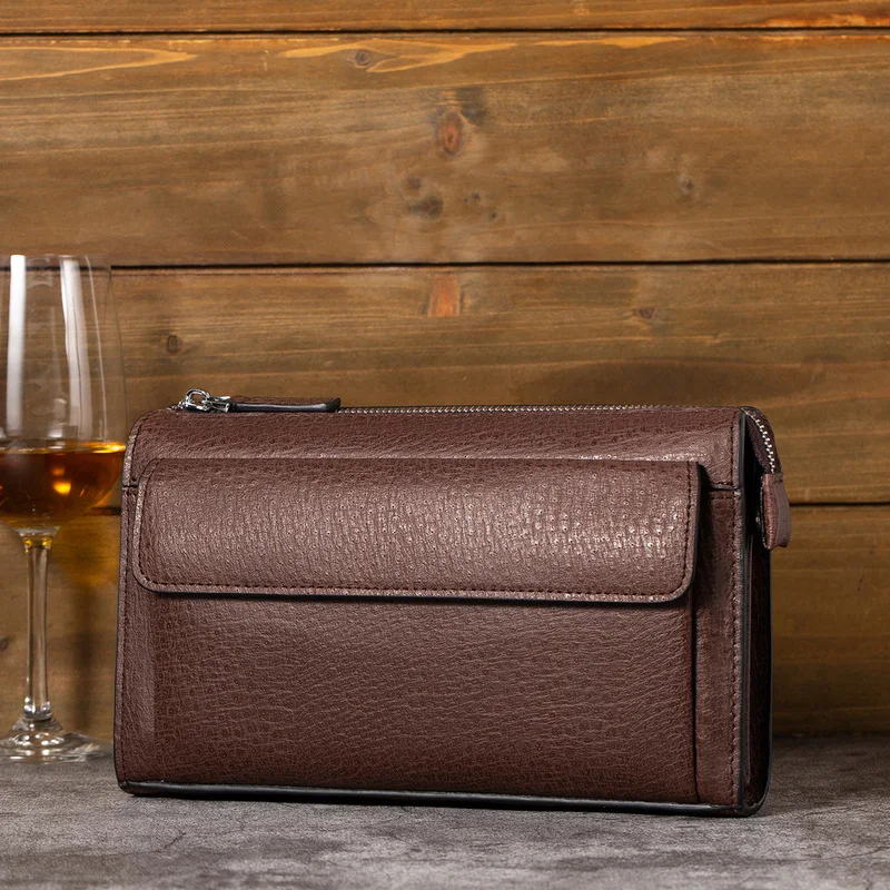 Men's genuine leather handbag with ostrich pattern large capacity business clip bag long casual multifunctional wallet grab bag