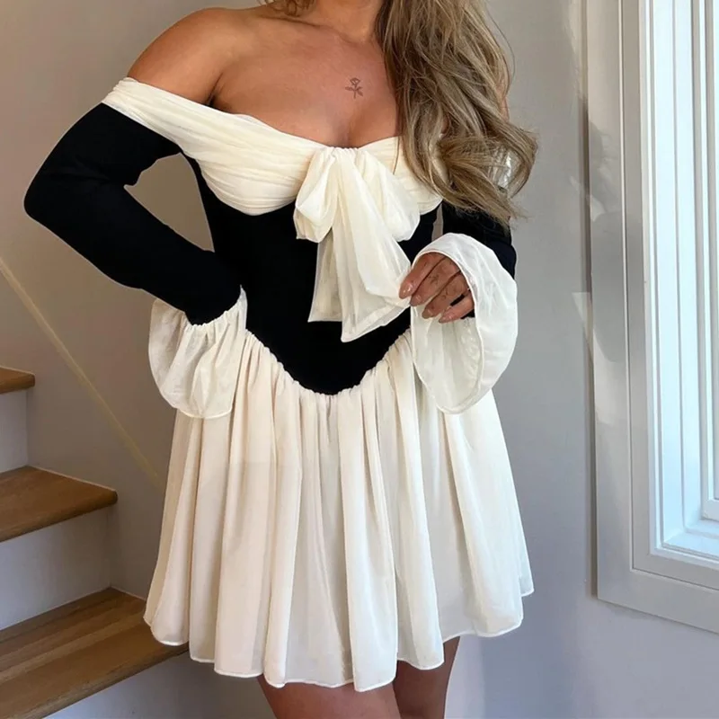 

Elegant Off Shoulder Pleated Patchwork Mini Dress Women Sexy Backless Long Sleeve Slim Dresses Lady Chic Party Club Robes