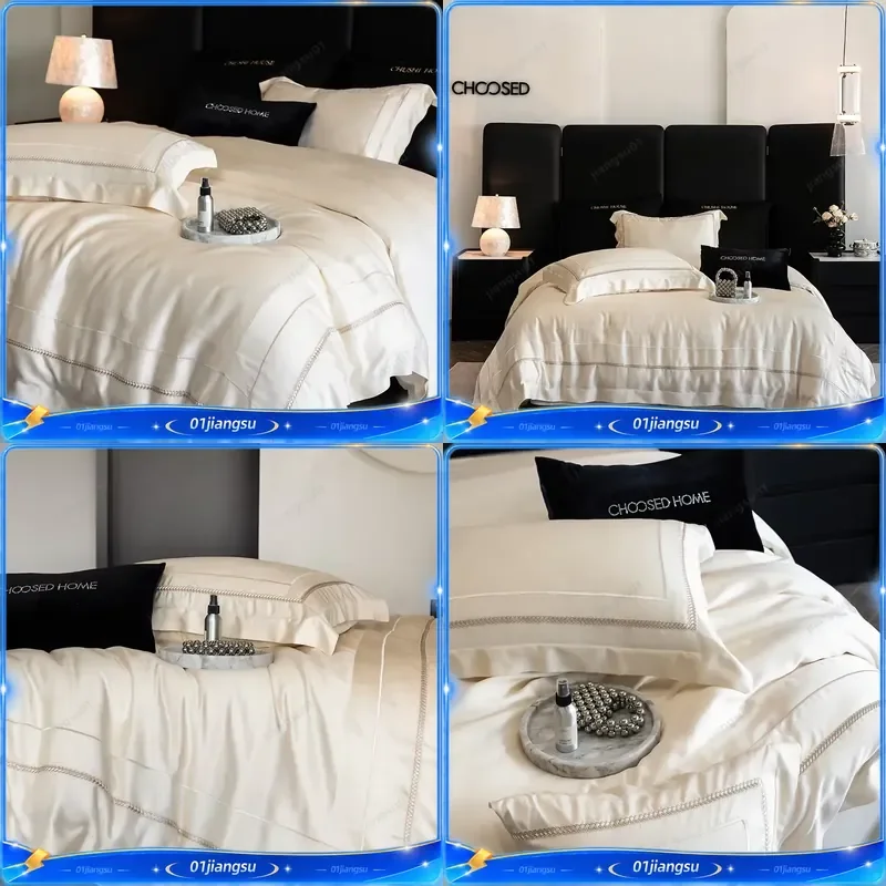 1000TC Egyptian Cotton Bedding Set Light Champagne Luxury Embroidery Duvet Cover Fitted Sheet Pillowcases 4Pcs Queen King