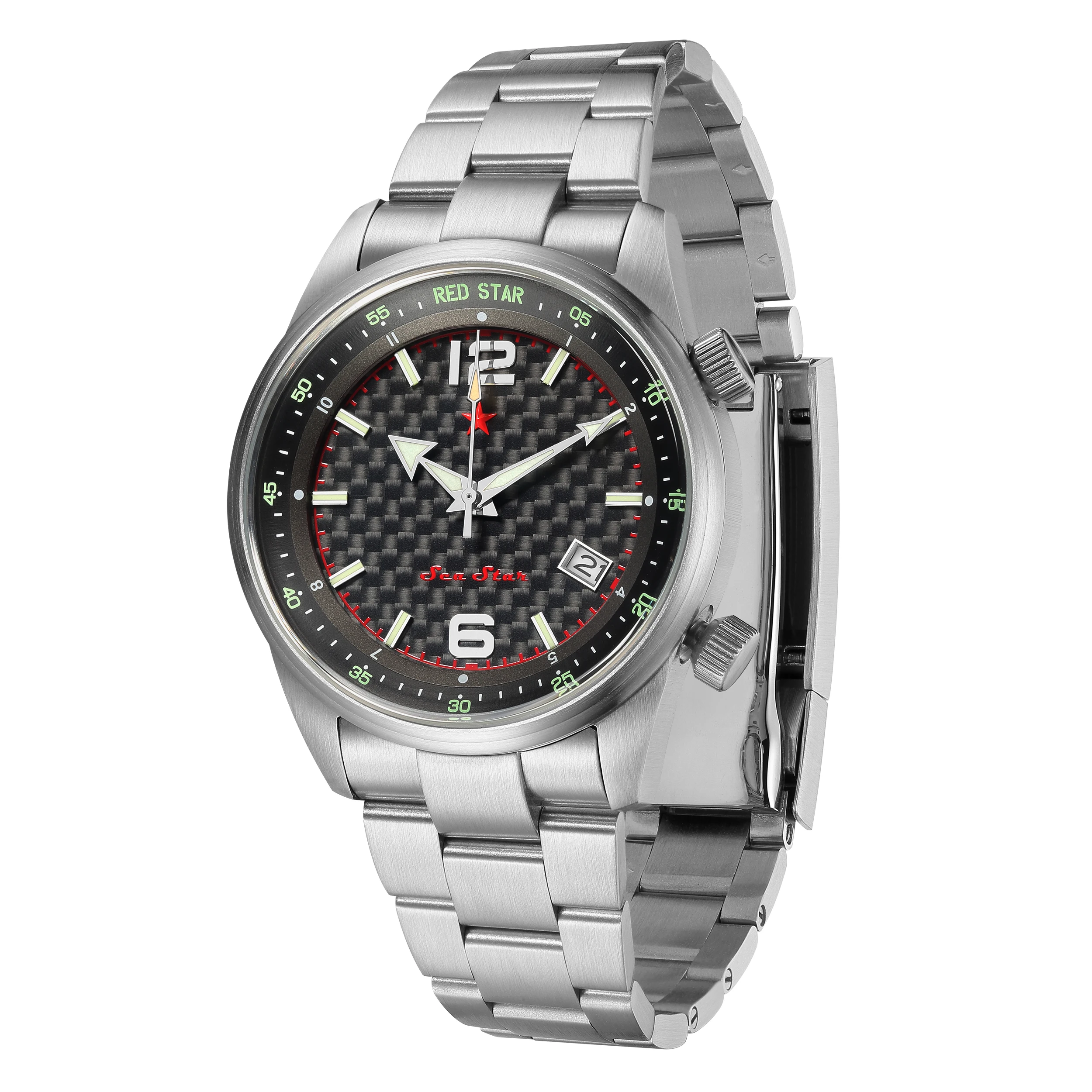 RED STAR 42mm 5Bar NH34 Automatic Mechanical Watch 4.5th Percentile Calendar Rotatable Carbon Woven Texture Luminous Wristwatch