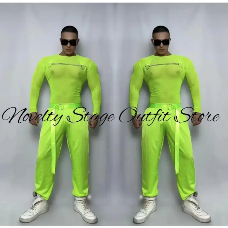 

Nightclub Bar Male Clothes Muscle Man DJ Gogo Dancer Costume Neon Green Transparent Pole Dance Stage Wear Hip Hop Rave Wear