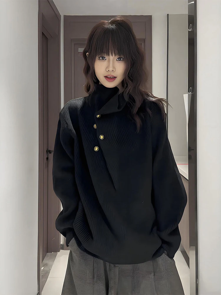 

Комплект из двух предметов: вязаный свитер с высоким воротником и нестандартными пуговицами, свободный крой, длинный рукав, для мужчин и женщин, зимний