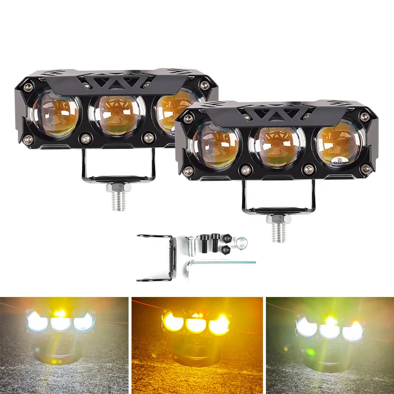 Motorcycle LED Spotlights Super Bright Headlights Three-eye Lens Fisheye Two-color Lights Retrofit Waterproof Shock-proof