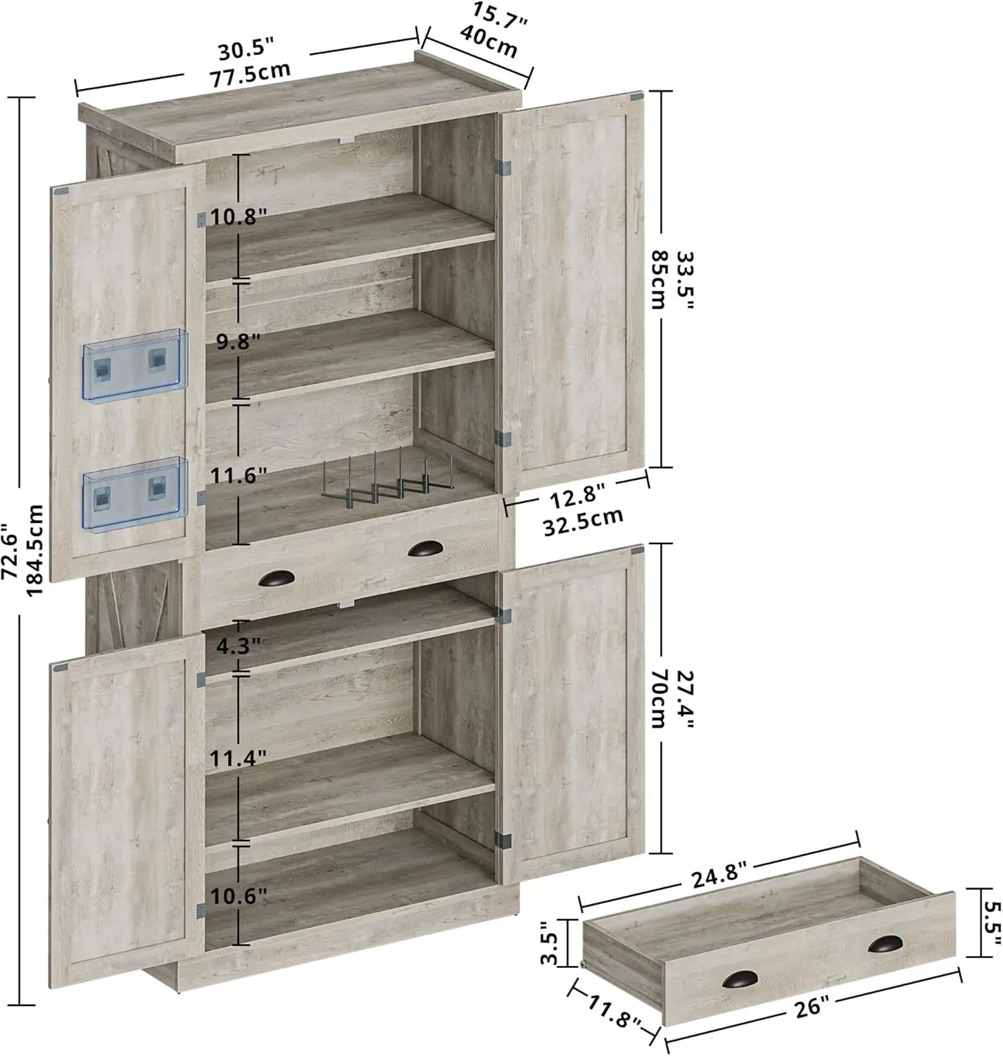 Ironck-armario de almacenamiento para despensa de cocina, armario independiente con puertas de Granero, cajón, 4 estantes ajustables, 72 "de altura