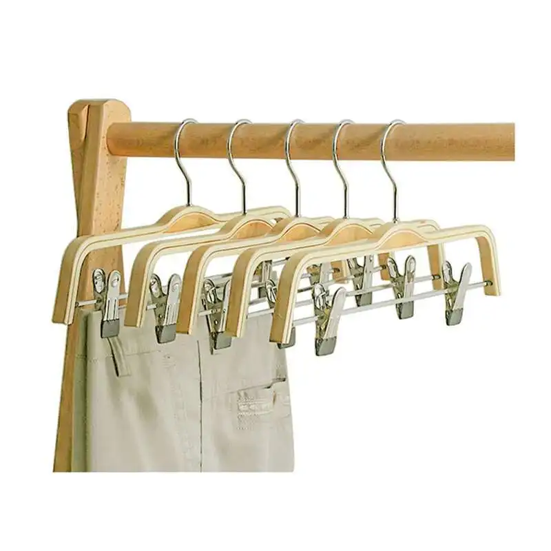Perchas antideslizantes de madera maciza, colgador de Clip para pantalones de madera de bambú, organizador de pantalones para adultos con Clips para pantalones, estante para pantalones de madera, 5 uds.