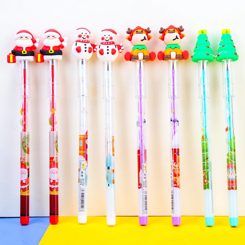 8Pcs Santa Claus Reindeer Snowman Stackable Block Pencils for Kids Christmas Theme Party Favors Back To School Stationery Gift