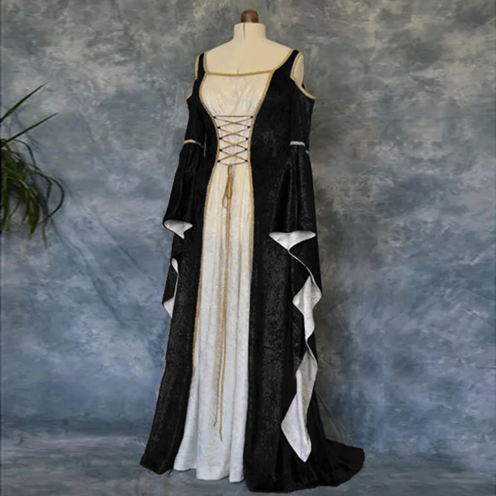 Vestido largo de corte europeo Medieval de gran tamaño para mujer, vestidos de manga trompeta de terciopelo dorado, trajes de actuación de escenario Retro para damas