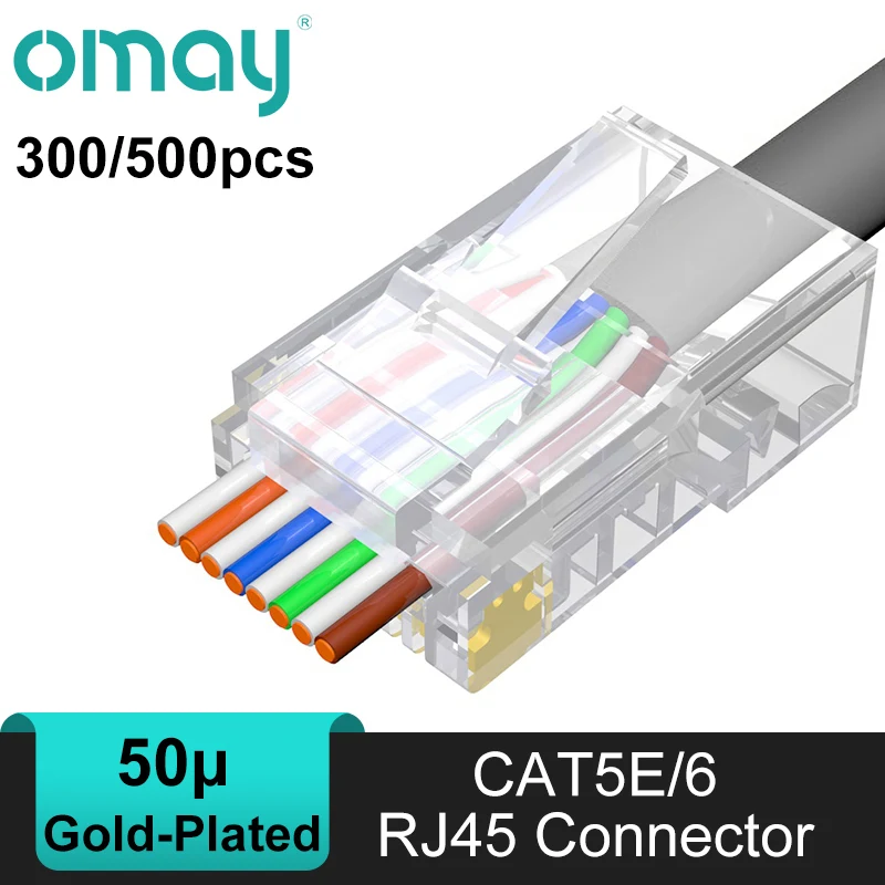 RJ45 Connectors CAT6 CAT5E 300/500pcs Pass Through Modular Plug Network UTP 30/50μ Gold-Plated 8P8C Crimp End for Ethernet Cable