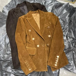 Fashion Kid Suede Leather Blazer Jacket Women's Real Leather Coats Vintage Brown Coffee Double-breasted Imported Lambskin Jacket