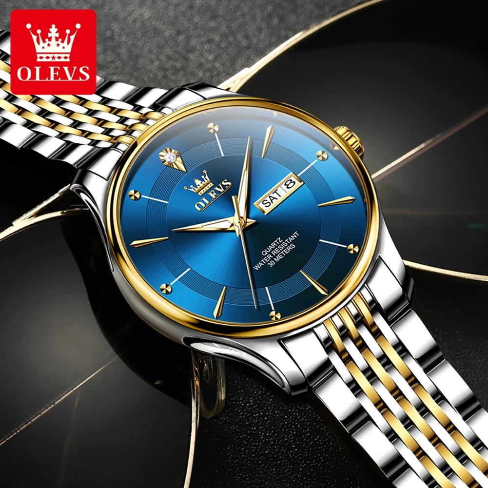 

OLEVS Фирменные новые деловые мужские часы из нержавеющей стали, водонепроницаемые, светящиеся, с датой недели, роскошные кварцевые часы для мужчин, Relogio Masculino