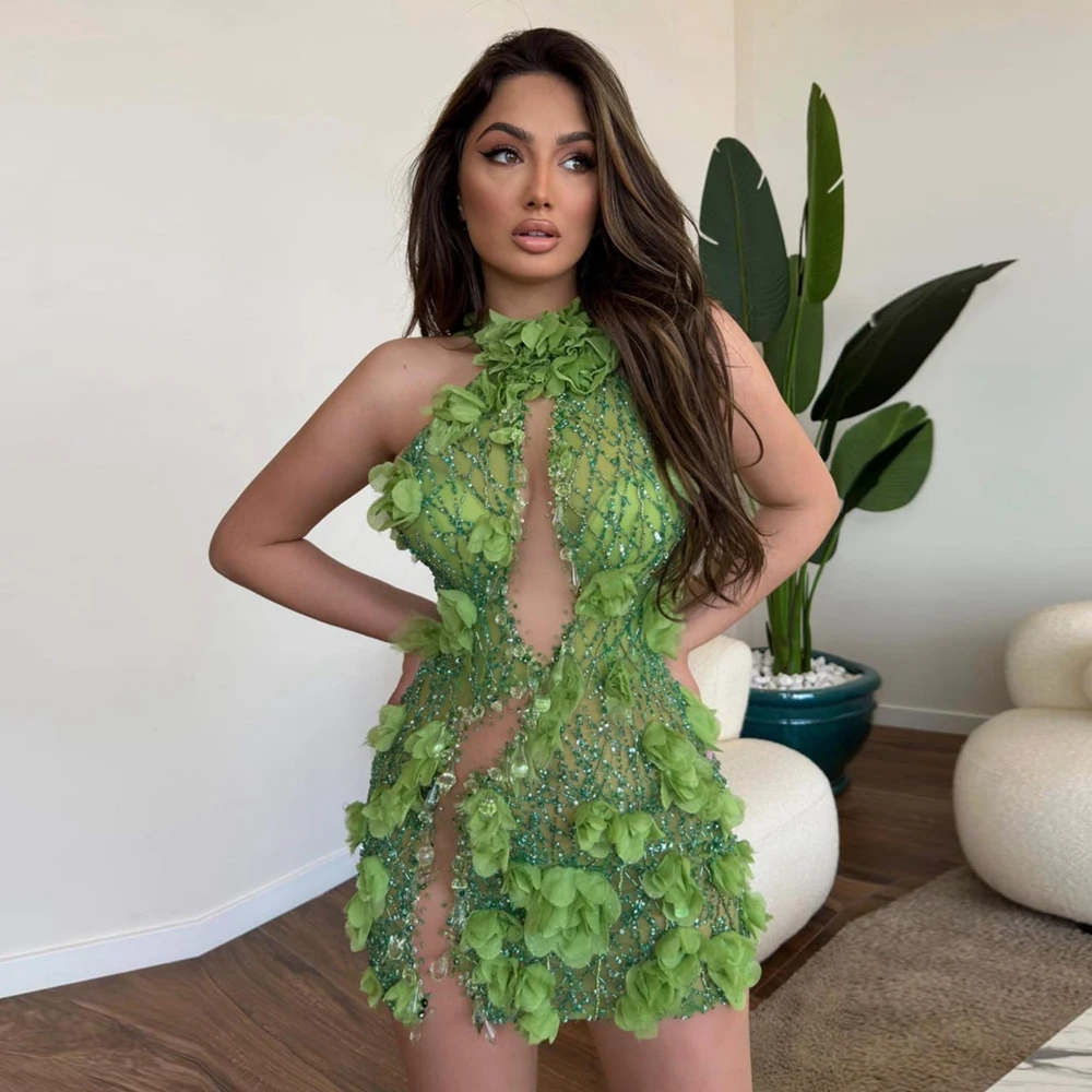 Halter Floral Dress See Through Hollow Out Party Dresses Mini Length Bright Green Crystals Beaded Cocktail Gown платье женское