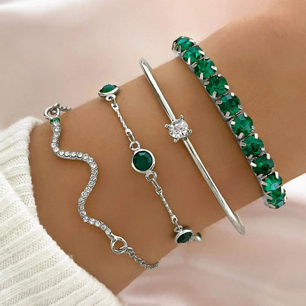 4Pcs/Set Fashion Snake Green Gemstone Bangle Rhinestone Full Metal Bracelet For Women Birthday Party Christmas Jewelry Gift - Image 2