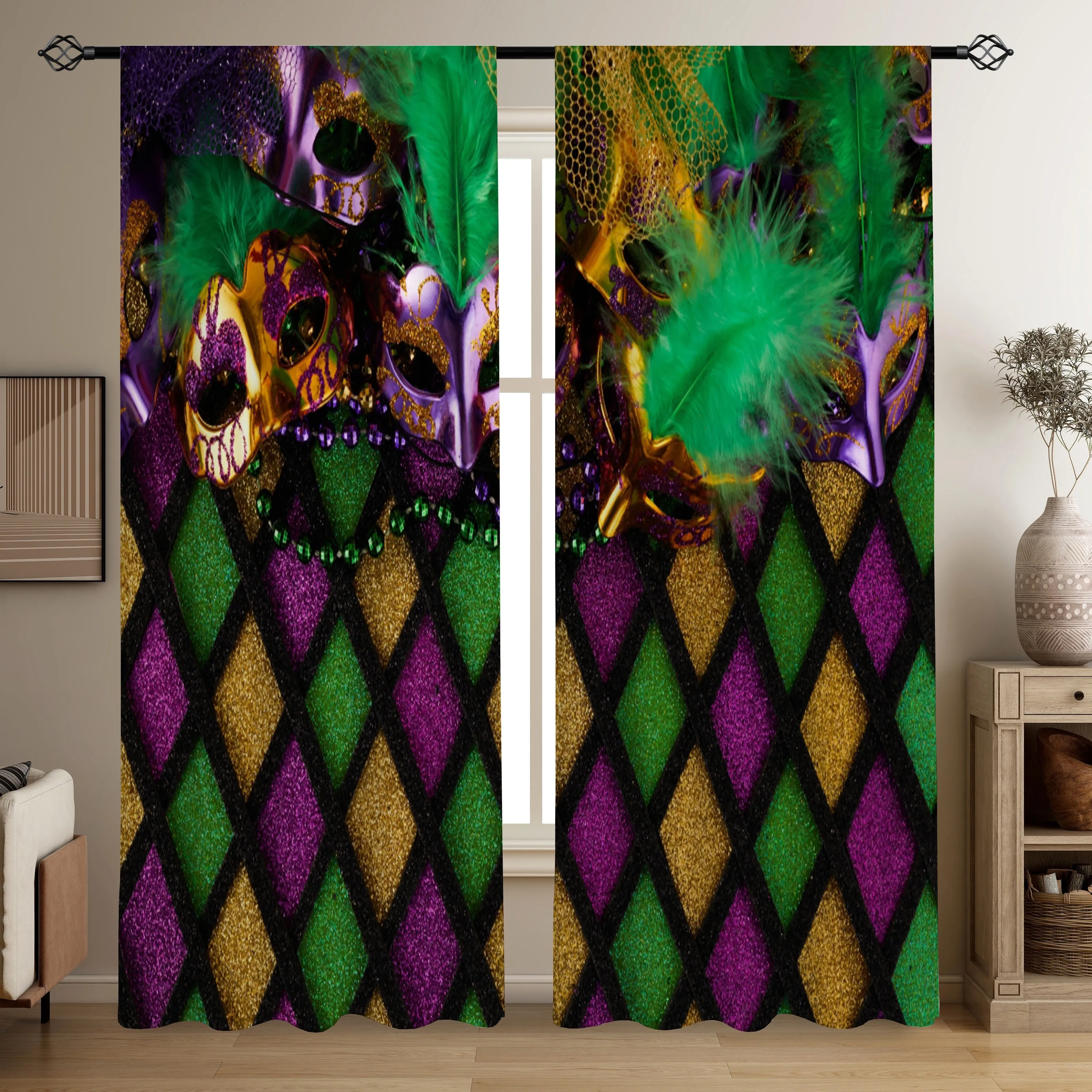 Mardi Gras Curtain, Colorful Mask Feather Print Drape, Carnival Party Window Treatment for Living Room Bedroom Home Decor